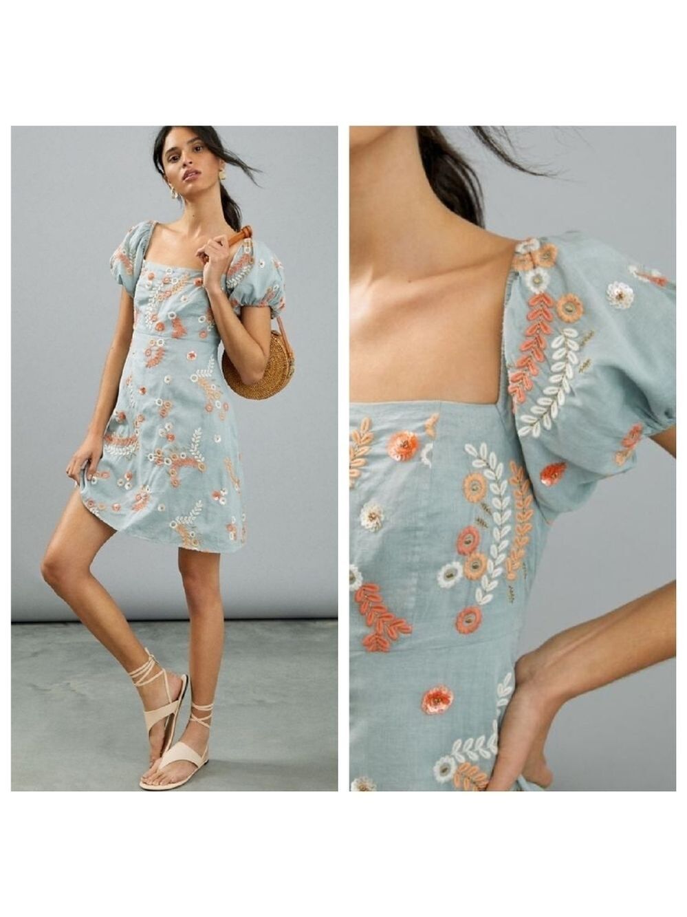 NEW Letmebe Anthro S SMALL SP Petite Laurel Embroidered Puff Sleeve Sequin Dress
